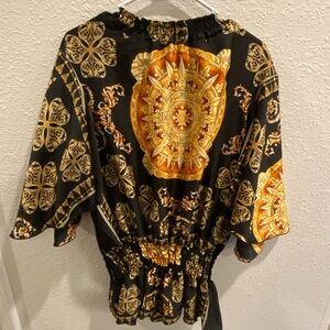 Ashley Stewart Black and Gold Patterned Peplum Blouse Plus Size Cocktail Casual